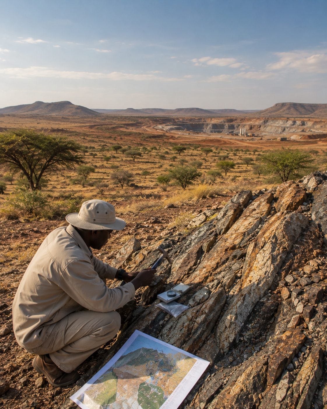 Field geologist examining mineralised rock